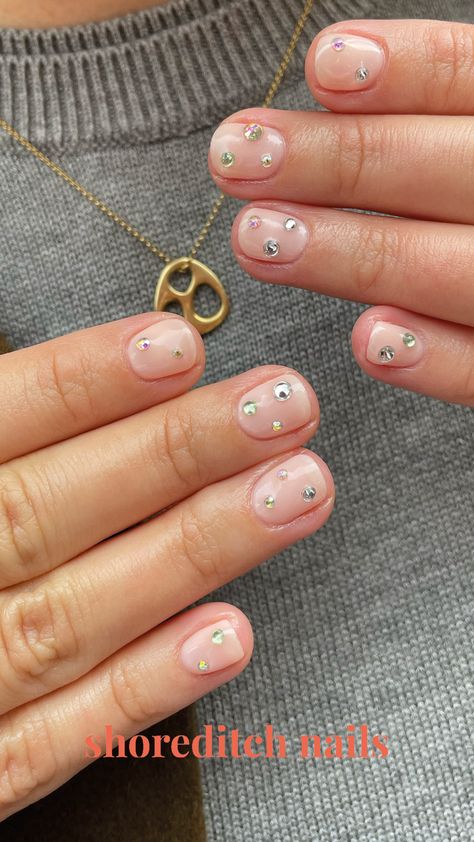 Gem Party Nails short nails nude nails Cute Short Bling Nails, Short Nails With Gem, Nail Inspo With Gems, Short Nails With Gems, Gem Party, Short Nail Inspo, Short Gel Nails, Nails Nude, Party Nails