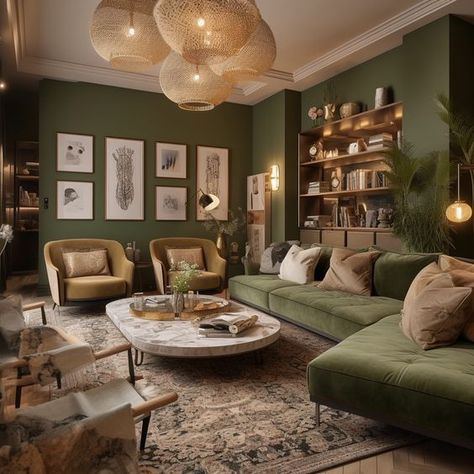 Dark Living Room Ideas, Green Walls Living Room, Dark Green Living Room, Green Living Room Decor, Dark Living Rooms, Green Couch, Green Walls, Living Room Green, Design Living Room