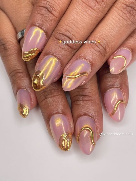 pink gel x almond shaped nails with 3d gold chrome design at the tips Gold 3d Nails, Innerbloom Nails, 3d Chrome Nails, Pink Gold Nails, Gold Chrome Nails, Korean Nail, 3d Nail Designs, Korean Nail Art, Chrome Nail Art