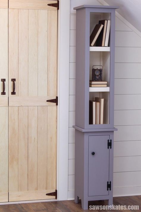 Build a tall, narrow DIY chimney cabinet with these free plans! This is a great solution for awkward areas that are begging for a little extra storage. It’s perfect for a living room, bathroom, or kitchen. The small size and simple, rustic style of this cupboard complements nearly any decor. Diy Chimney, Chimney Cabinet, Chimney Cupboard, Narrow Bookshelf, Narrow Storage Cabinet, Narrow Cabinet, Woodwork Diy, Cabinet Plans, Wooden Storage Cabinet