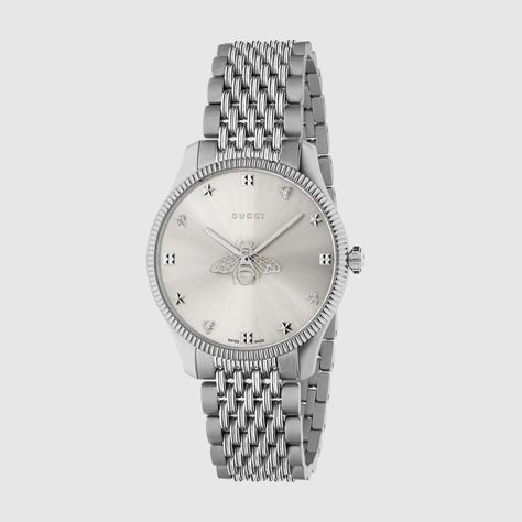 G-Timeless Watch, 36mm In Steel, Silver Dial With Bee | GUCCI® UK Stainless Bracelet, Timeless Watches, Gucci Watch, Mesh Bracelet, Classic Watches, Fine Watches, The Bee, Watches Jewelry, Steel Bracelet