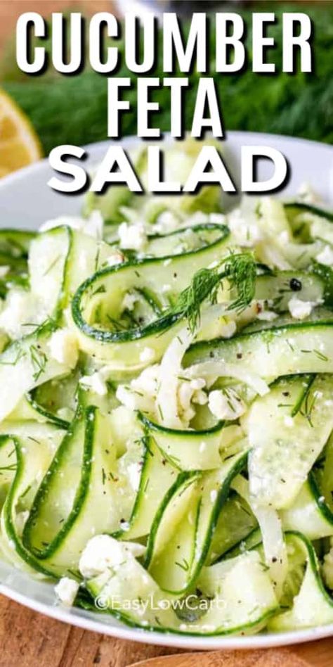 Cucumber Feta Salad is an easy side dish or lunch salad to serve this summer. Cucumber ribbons tossed with a simple olive oil & dill dressing, is sprinkled with feta cheese. It's a low carb, keto friendly dish that everyone will love! #easylowcarb #cucumberfetasalad #cucumbersalad #withfeta #summersalad #sidedish #healthyrecipe #ketorecipe #lowcarb Cucumber Ribbons, Healthy Cucumber Salad, Feta Cucumber, Cucumber Feta Salad, Dill Dressing, Lunch Salad, Salad With Feta, Low Carb Salad, Cucumber Recipes Salad