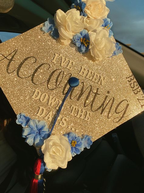 College Graduation Cap Ideas Accounting, Graduation Cap For Business Major, Graduation Cap Business Major, Business Major Cap Decoration, Accountant Graduation Cap, College Grad Cap Ideas Business, Accounting Cap Decoration, Blue Grad Cap Decoration, Accounting Photoshoot