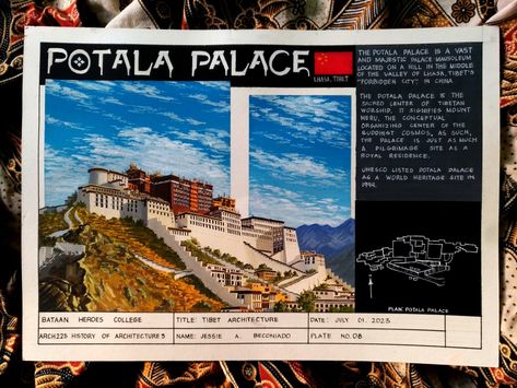 8th Plate in History of Architecture 3. Gouache rendering Architectural Plates Drawing, History Of Architecture Plates Layout, Architectural Plates Hoa, Concept Board Architecture Manual, Architect Plates Drawing, Architecture Plates Layout, History Of Architecture Plates, Architecture Plates, Potala Palace Tibet