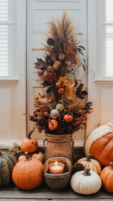 Transform your home with stunning Fall Thanksgiving decor ideas Discover easy DIY table centerpiece ideas and candle centerpieces from Hobby Lobby Explore front porch living room outdoor farmhouse kitchen and modern decorating inspiration Let's bring in the cozy vibes this autumn season Farmhouse Fall Porch Decor, Farmhouse Fall Porch, Easy Diy Table, Front Porch Living, Thanksgiving Decor Ideas, Table Centerpiece Ideas, Modern Decorating, Outdoor Farmhouse, Table Centerpieces Diy