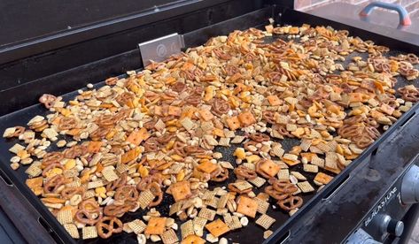 Chex Mix On Blackstone, Blackstone Cooking, Corn Chex, Blackstone Grill, Learn Skills, Goldfish Crackers, Oyster Crackers, Griddle Recipes, Chex Mix Recipes