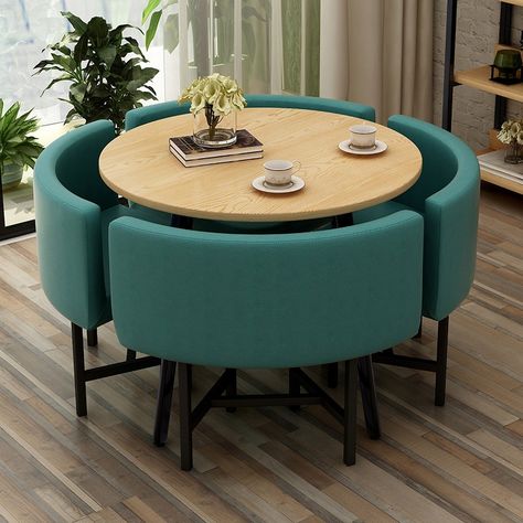 39.4" Round Wooden Small Dining Table Set 4 Upholstered Chairs for Breakfast Nook Balcony Blue Upholstered Chair, Office Table And Chairs, Small Dining Table Set, Negotiation Table, 4 Seater Dining Table, Round Dining Table Sets, Set Meja Makan, Feature Chair, Small Dining Table