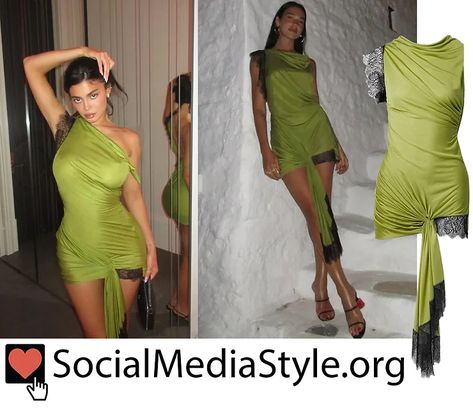 Kylie Jenner and Dua Lipa's lace trim green asymmetric mini dress Kylie Green, Kylie Jenner Dress, Christopher Esber, Green Mini Dress, Journal Aesthetic, Black Lace Dress, Dua Lipa, Draped Dress, Ruched Dress