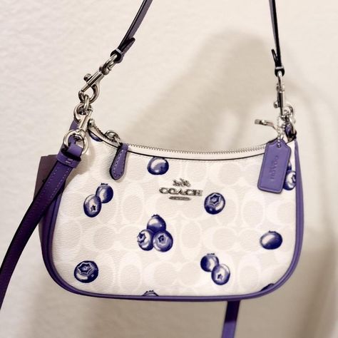 NWT Coach Teri Shoulder Bag In Signature Canvas With Blueberry Print Coach Teri Shoulder Bag, Blueberry Print, Pretty Bags, Signature Canvas, Leather Fabric, Coach Handbags, Smooth Leather, Coach Bags, Card Slots