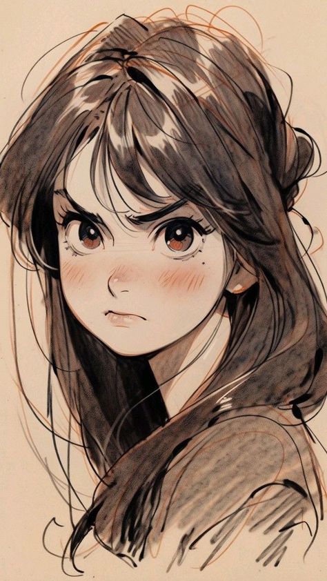 Feminine Poses Drawing, Semi Cartoon Style, Cartoon Female Characters, Character Faces, Woman With Bangs Drawing, Girl With Bangs Drawing, Asian Girl Drawing Sketch, Long Hair Designs, Manga Eyes