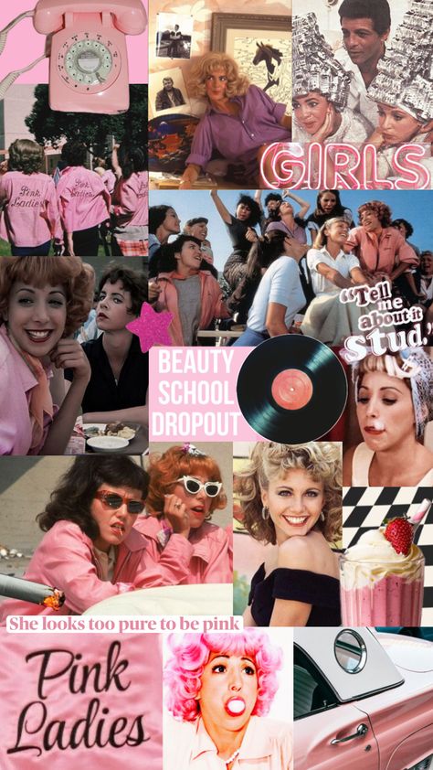 #grease #pinkladies #greasemovie #olivianewtonjohn Grease Wallpapers, Grease Fanart, Grease Aesthetics, Grease Aesthetic, Grease Themed Parties, Grease Theme, Preppy Backgrounds, Pink Ladies Grease, 1950s Makeup