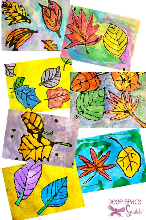 fifth-grade-watercolor-lesson glue outlines, watercolor leaves, complimentary background Art 2nd Grade, Classe D'art, Leaf Projects, Autumn Leaves Art, Fall Art Projects, 2nd Grade Art, 4th Grade Art, 5th Grade Art, 3rd Grade Art