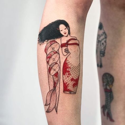 Japanese Mermaid, Mermaid Mask, Food Japanese, Food Tattoos, Red Ink Tattoos, Cute Tiny Tattoos, Japanese Sleeve Tattoos, Japanese Tattoo Designs, Desenho Tattoo