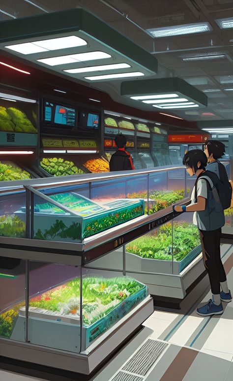 Solarpunk Interior Design, Solar Punk Interior Design, Futuristic Grocery Store, Solarpunk Tech, Futuristic Farm, Solar Punk Aesthetic, Eco Futurism, Solarpunk Aesthetic, Solar Punk