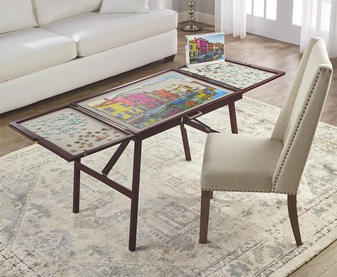 This Jigsaw Puzzle Table Folds Away And Can Be Slid Under The Couch Hinged Table, Jigsaw Table, Jigsaw Puzzle Table, Fitness And Exercise, Puzzle Table, Chill Zone, Hammacher Schlemmer, Foldable Table, Unique Gadgets