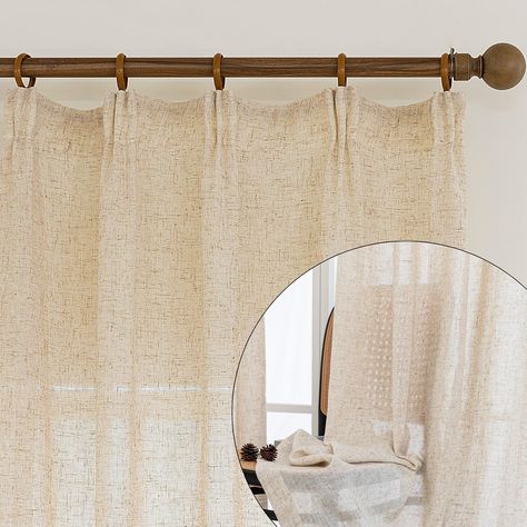 PRICES MAY VARY. LINEN TEXTURED PRIVACY SHEERS: The 108 inch curtains look like natural linen fabric, light and airy, can let amount of natural light in and provide privacy. Elegant and airy farmhouse style. Perfect for living room, dining room, home office, cottage, bedroom and patio door. DIY PLEAT TOP: The 108 inch curtains come with pinch hooks, you could make different pleats style like Single Pleat/Double Pleats/French Pleats. And the hook top is applicable to rods with rings/rods with cli Dining Room Curtain Rods, Curtain With Sheers In The Middle, Kitchen Sliding Glass Door Coverings, Sheer Linen Curtains Bedroom, Organic Modern Living Room Curtains, Best Linen Curtains, Organic Modern Shower Curtain, Natural Linen Curtains Living Room, Single Panel Curtain Ideas