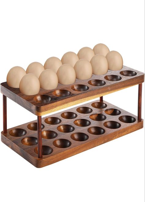 Double layer design acacia egg tray is able to maximize your eggs storage ability without taking up too much space in refrigerator or countertop. Precious acacia material is stable and durable, which allows you to use a long time. Handcrafted wooden tray can match with any modern design and adds senses of retro charming to your decor. Wooden Egg Holder, Display Refrigerator, Telur Rebus, Fresh Egg, Egg Container, Wood Eggs, Egg Crates, Countertop Display, Egg Tray