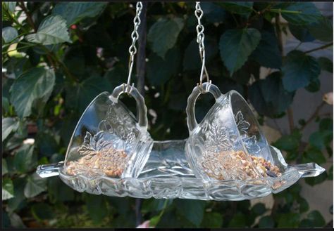 Birdfeeder Butterfly Feeders, Glassware Garden Art, Feed The Birds, Glass Bird Feeders, Glassware Crafts, Hanging Bird Feeder, Tea Cup Bird Feeder, Garden Totems, Hanging Bird Feeders