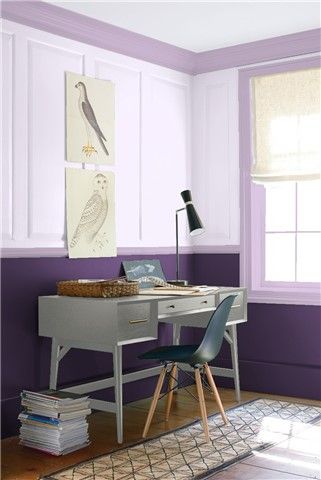 Look at the paint color combination I created with Benjamin Moore. Via @benjamin_moore. Upper Wall: Misty Lilac 2071-70; Lower Wall: Exotic Purple 2071-10; Trim: Lavender Lipstick 2072-50; Ceiling: Polar White 2069-70. Lilac Wall Paint, Lilac Room, Pink Bedroom Walls, Lilac Wall, Office Paint, Color Combinations Paint, Purple Trim, Room Wall Painting, Purple Rooms