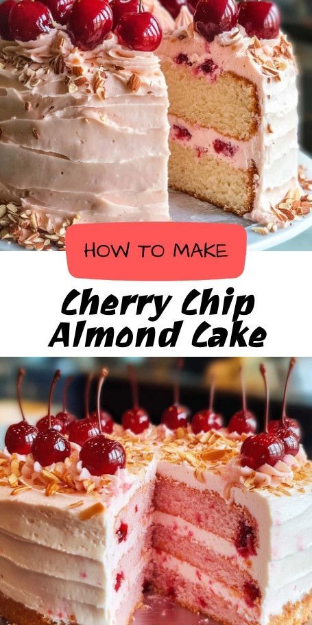 Cherry Chip Layer Cake with Almond Buttercream - A Vintage Delight Indulge in nostalgia with this Cherry Chip Layer Cake featuring an almond buttercream. Perfect for any celebration, this stunning cake combines sweet cherry chips with a subtle almond flavor, making it a treat for both eyes and taste buds. Cherry Almond Sheet Cake, Cherry Chip Almond Cake, Chocolate And Cherry Cake, Magnolia Bakery Cake, Fancy Dessert Recipes, Savory Hand Pies Recipes, Cherry Almond Cake, Cherry Chip Cake, Almond Buttercream