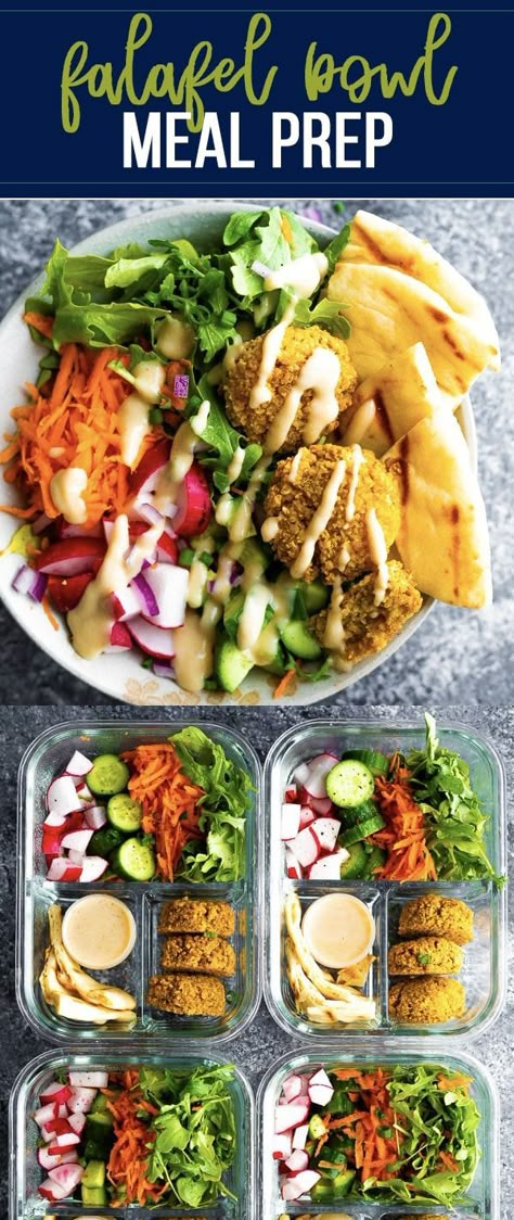 Falafel salad bowls are made with crispy baked falafels, tons of fresh veggies, and a drizzle of creamy tahini maple dressing. A delicious vegetarian meal prep recipe! #sweetpeasandsaffron #mealprep #falafel #vegetarian #dairyfree Falafel Bowl Meal Prep, Falafel Dinner Ideas, Kale Salads, Maple Dressing, Falafel Salad, Vegetarian Meal Prep, Student Recipes, Falafels, Lunch Bowl