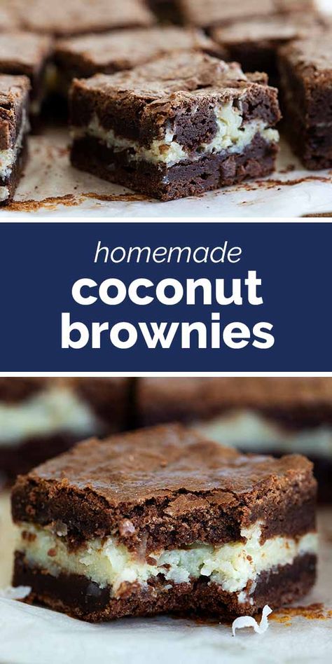 Fudgy, rich brownies with a coconut center? Yes, please! These Coconut Brownies are perfect for any coconut lovers! #recipe #brownies #dessert #coconut Almond Joy Cupcakes, Chocolate Coconut Brownies, Recipe Brownies, Dessert Coconut, Cake Like Brownies, Coconut Brownies, Coconut Desserts, Chocolate Bundt Cake, Homemade Brownies