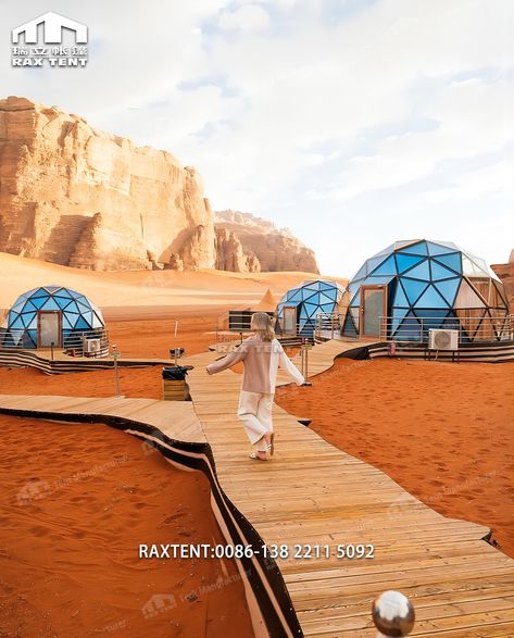 RAXTENT Classic Case🔥🔥 - 025, JO, Jordan, 6m and 7m glass dome tents for glamping hotel Nestled amidst the mesmerizing landscapes of Jordan's Wadi Rum desert lies the enchanting Aicha Memories Luxury Glamping Site, where the magic of glass dome tents comes to life. This extraordinary project, initiated in March 2019 and open for business by May of the same year, epitomizes luxury and comfort amidst the rugged beauty of the desert.🥳 The site's layout, inspired by the national flower of Jorda... Desert Glamping, Luxury Glamping, National Flower, Glamping Site, Wadi Rum, Dome Tent, Glass Dome, Glass Domes, The Desert