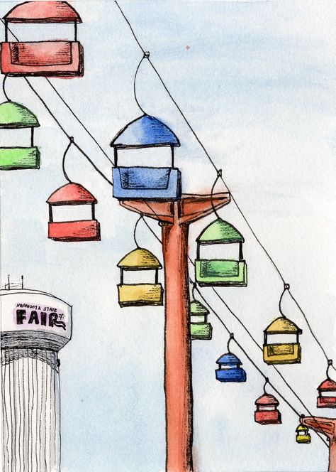 Fair Drawings, Ride Drawing, Sky Ride, Iowa State Fair, Minnesota State Fair, Artwork Ideas, Minnesota State, Drawing Ink, State Fair