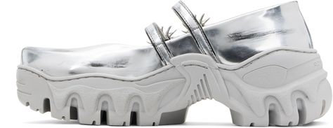 Handcrafted patent faux-leather Mary Jane-style ballerina flats in silver tone. · Smudging throughout · Modified pointed toe · Graphic hardware at pin-buckle straps · Logo hardware at outer side · Logo embossed at heel · Grained faux-leather lining · Treaded rubber platform sole · Platform: H1.5 Available exclusively at SSENSE. Supplier color: Silver