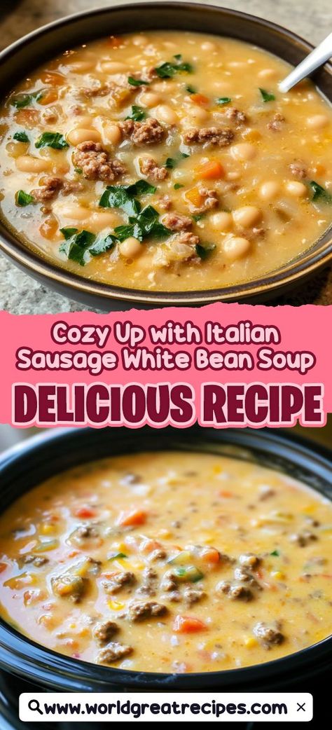 Discover the ultimate comfort food with this Italian Sausage White Bean Soup. Bursting with rich flavors, this one-pot meal combines savory Italian sausage, creamy white beans, and a medley of fresh vegetables. Perfect for chilly evenings, this hearty soup is not only easy to make but also packed with protein and fiber. Serve it with crusty bread for a complete family meal that warms the soul and satisfies the palate. Dive into this delicious recipe and make it your new favorite! White Beans And Sausage Recipe, Italian Sausage White Bean Soup, Sausage White Bean Soup, Easy Soup Recipes Quick, White Bean Sausage Soup, Sausage White Bean, Quick Easy Family Meals, Creamy White Beans, Bean And Sausage Soup