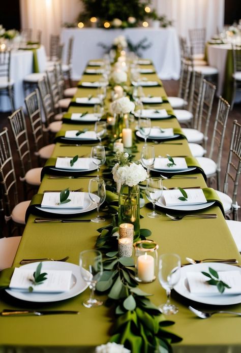 Olive green draped table runners can transform your wedding tables. I love how they add a touch of elegance and natural beauty. These runners come in various shades of olive, from light sage to deep forest green. Sage Green Dinner Party, Olive Green Wedding Theme, Green Wedding Theme Ideas, Green Dinner Party, Green Wedding Theme, Olive Green Wedding, Olive Green Weddings, Green Dinner, Wedding Theme Ideas