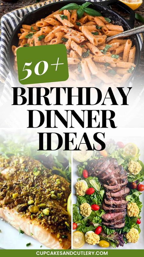 This list of 50 delicious birthday dinner ideas will help you plan a tasty menu for any special occasion dinner you are hosting at home. Healthy Birthday Dinner Ideas, Large Dinner Party Menu Ideas, Birthday Menu Ideas For Adults, Easy Birthday Dinner Ideas, Birthday Dinner Party Menu Ideas, Sweet 16 Food Ideas Dinners, Birthday Dinner Set Up Ideas, Easy Birthday Dinner, Birthday Dinner Ideas At Home