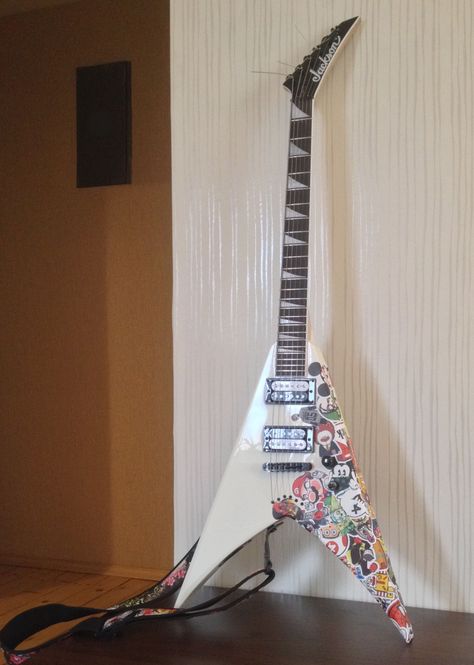 Sticker Bombed Guitar, Physical Manifestation, Sticker Bomb, Love Stickers, Electric Guitars, Effects Pedals, Playing Guitar, Music Stuff, Electric Guitar