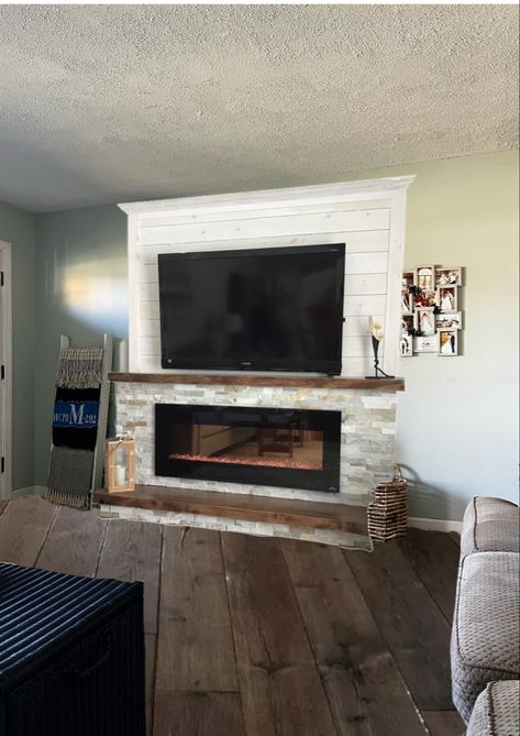 Electric Fireplace With Hearth, Fireplace With Hearth, Faux Stone Fireplaces, Stone Fireplace Wall, Built In Electric Fireplace, Fireplace Tv Wall, Fireplace Built Ins, House Essentials, White Fireplace