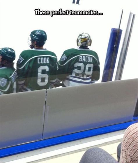 Mmmmm... Bacon! names on jerseys cook bacon ~ 35 Funny Pics Funny Sports Pictures, Funny Sports Memes, Hockey Memes, Hockey Humor, Dump A Day, Sports Memes, Montreal Canadiens, Sports Humor, Hockey Players