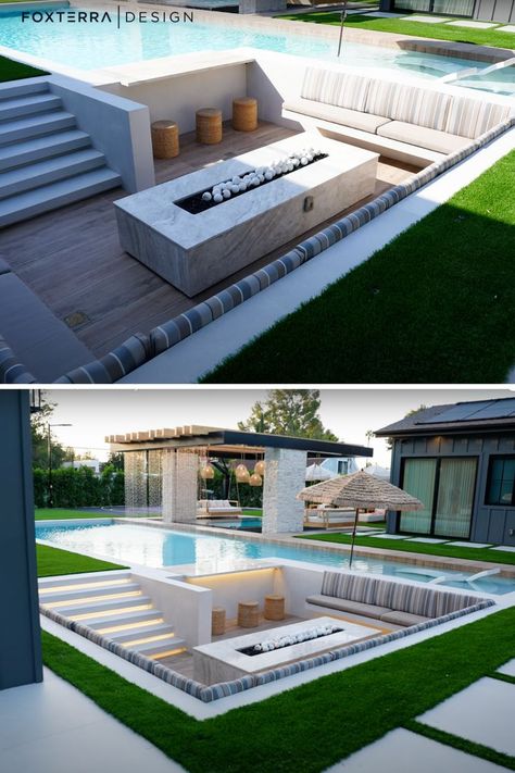 This $600,000 beautiful backyard makeover features the most stunning sunken outdoor fire pit area MADE for entertaining! Ready to create your dream luxury backyard? Book a design consultation today, we design WORLDWIDE! Watch this video to see this full luxury modern backyard tour and follow for more beautiful backyards and luxury home exterior design inspiration! Sunken Outdoor Fire Pit, Luxury Modern Backyard, Luxury Home Exterior, Sunken Fire Pit, Luxury Fire Pit, Luxury Pools Backyard, Sunken Patio, Outdoor Fire Pit Area, Home Exterior Design