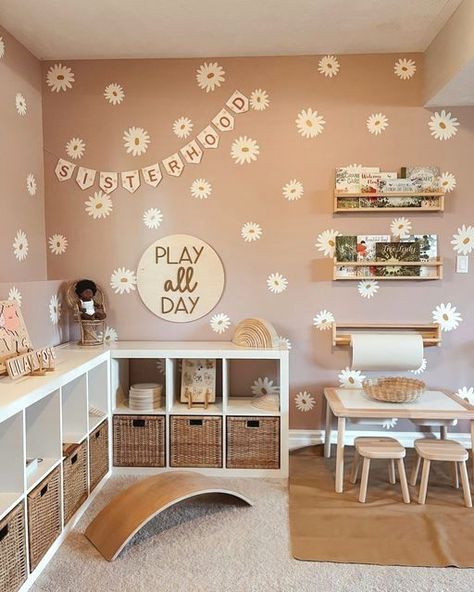 Montessori Playroom Shelves, Toddler Rooms Ikea, Playroom With Ball Pit, Toddler Girl Rooms Ideas, Toddler Playroom Ideas Girl, Playspace In Living Room, Kids Playroom Inspiration, Kids Montessori Playroom, One Year Old Room Ideas Girl