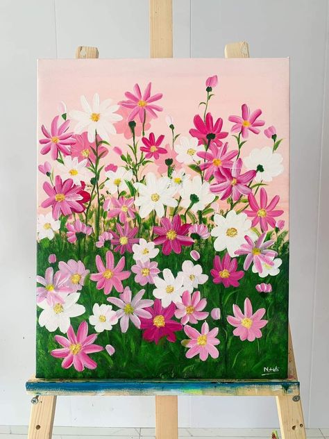 Paintings Pink Aesthetic, Pink Flower Canvas Painting, Pretty Flower Paintings, How To Paint A Flower, Mother's Day Painting Ideas Canvases, Bouquet Painting Acrylic, Spring Canvas Painting, Flower Paintings Easy, Canvas Painting Ideas Pink