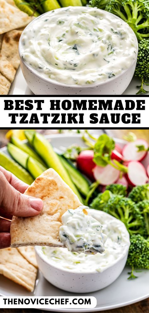 This easy tzatziki sauce tastes just like the delicious cucumber yogurt sauce at your favorite Greek restaurant! This sauce is amazing on almost anything and uses just a few simple ingredients! Taziki Sauce Recipe, Greek Thanksgiving, Yogurt Tzatziki Sauce, Authentic Tzatziki Sauce Recipe, Greek Yogurt Tzatziki, Tzatziki Sauce Easy, Greek Yogurt Dipping Sauce, Taziki Sauce, Easy Tzatziki Sauce