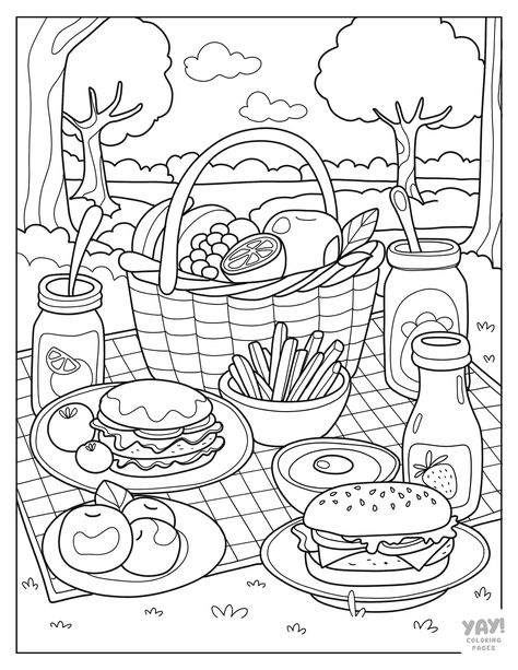 Summertime picnic with burgers, fries, and fruit Fruits Colouring Pages For Kids, Summer Camp Coloring Pages, Fruit Coloring Pages Free Printable, Food Colouring Pages, Food Coloring Pages Free Printable, Kawaii Picnic, Procreate Coloring Pages, Cute Coloring Pages For Kids, Child Draw