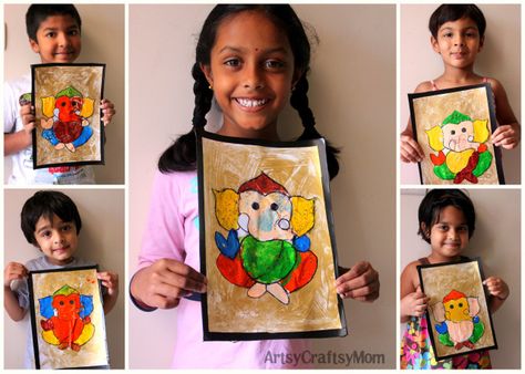 Today's craft class was ganesha special. We used acrylic colours & fingers to paint this cute Ganesha. This was then cut and pasted on a card stock painted gold. We added some glitter glue and sealed the borders with insulation tape.  Lil p had school today [ in lieu of the Bharat bandh on Thursday]   & so missed her craft class. I'll post Lil P's Ganesha Painting version tomorrow.Here are the happy faces :) Ganesha Craft For Kids, Cute Ganesha, Ganesh Painting, Ganesh Chaturthi Festival, Ganesh Chaturthi Decoration, Paper Craft Videos, Sunday School Activities, Kid Art, Top Indian