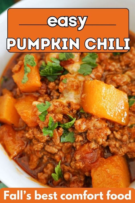 A white bowl with pumpkin chili. Pumpkin And Ground Beef Recipes, Pumpkin Ground Beef, Pumpkin Chili Recipe, Pumpkin Chili, Hearty Dinner Recipes, Fresh Pumpkin, Crockpot Chili, Ground Beef Dishes, Hearty Dinner