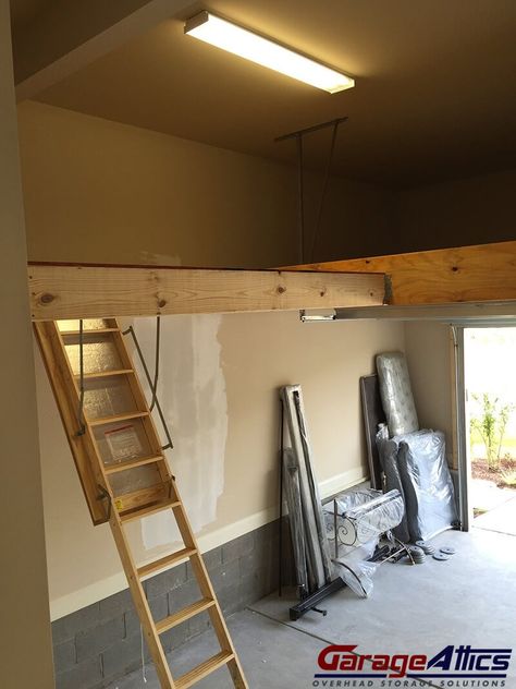 Storage Loft in Garage w/ Pull Down Stairs | Overhead Garage Storage Loft In Garage, Stairs In Garage, Pull Down Stairs, Garage Storage Plans, Easy Garage Storage, Garage Ceiling Storage, Garage Storage Inspiration, Plan Garage, Garage To Living Space