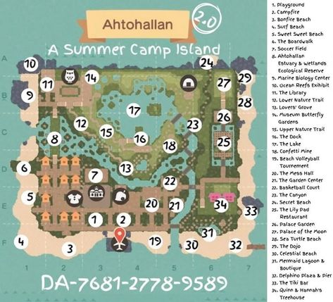 Animal Crossing Summer Camp Island, Acnh Summer Camp Island, Camp Acnh, Acnh Summer Camp, Dream Address Acnh, Animal Crossing Maps, Animal Crossing Exterior, Animal Crossing Dream Codes, Animal Crossing Dream Address