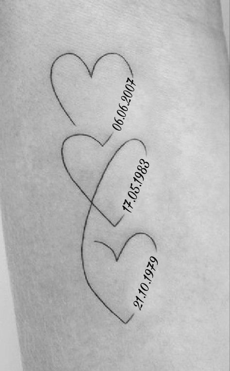 3 Hearts With Dates Tattoo, Hearts With Birthday Tattoo, Three Dates Tattoo, Heart With Birthday Tattoo, 3heart Tattoo, Heart Names Tattoo, Three Connected Hearts Tattoo, Heart Date Tattoo Ideas, 3 Hearts Tattoo Ideas Family