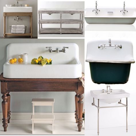 If you're building a farmhouse or looking to remodel a bathroom, here are some fabulous farmhouse washstand options! Create a one of a kind look by retrofitting an antique table into a farmhouse sink vanity! I looooooove this washstand! Vintage inspired gorgeousness! The absolute BEST double sink vanity I have ever come across! The perfect combination of rustic and chic! Clean, classic perfection! I am just crazy about trough sinks! Perfect for a kids bathroom or a killer laundry room sink! C... Farmhouse Sink Vanity, Farmhouse Style Bathroom Vanity, Micro Kitchen, Farmhouse Bathroom Sink, Vintage Sink, Vintage Laundry Room, Bathroom Sink Cabinets, Laundry Room Sink, Trough Sink