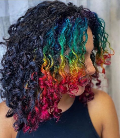 Vivid Curly Hair, Curly Hair Inspo Color, Unicorn Curls, Rainbow Curly Hair, Curly Rainbow Hair, Curly Colored Hair, Curry Hair, Oil Slick Hair Color, Oil Slick Hair