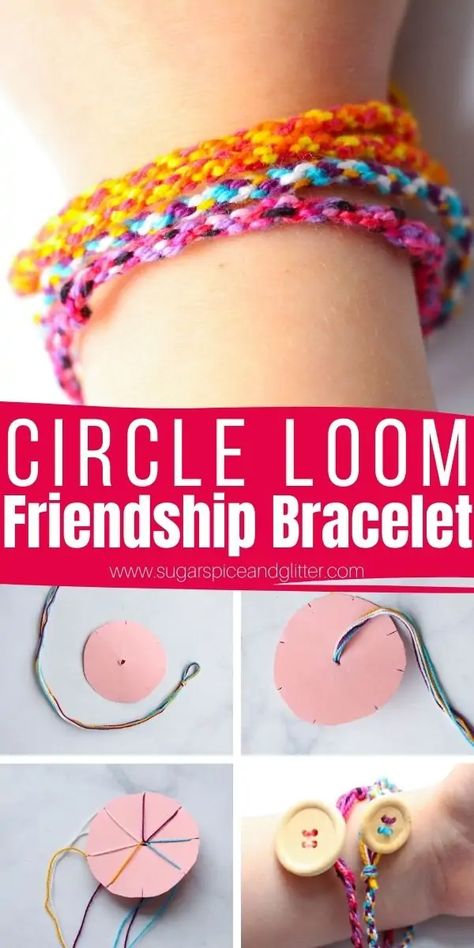 How to make the easiest friendship bracelets using a small circle of cardboard or cardstock. These friendship bracelets are incredibly easy for little kids to make, even if they can't braid or tie knots yet. They just need to be able to count to three. Tied Bracelets Diy, Friendship Bracelet Cardboard Circle, Cardboard Circle Bracelet, Easiest Friendship Bracelets, Cardboard Friendship Bracelet Maker, Cardboard Bracelet Maker, Easy Friendship Bracelets For Kids, Circle Friendship Bracelet, Kids Bracelets Diy