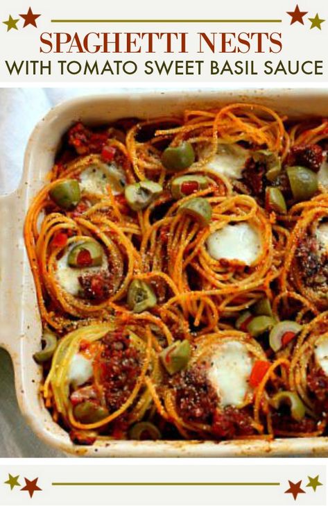 Fun recipe for Spaghetti Nests. Spaghetti noodles are formed into circles and baked. Topped fresh Mozarella cheese and Italian Sausage and Tomato Sweet Basil Sauce. Add this to your dinner recipes lineup.  #spaghetti #recipes #baked #casserole via @lannisam Spaghetti Recipes Baked, Recipe For Spaghetti, Sausage Spaghetti, Pasta Noodle Recipe, Basil Sauce, Best Pasta Recipes, Baked Casserole, Spaghetti Noodles, Yummy Pasta Recipes