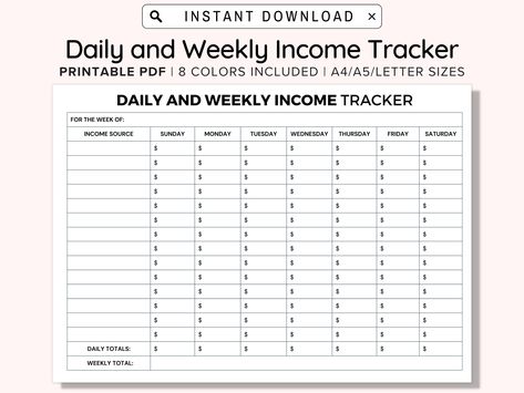 Printable Daily and Weekly Income Tracker, Income Tracker Printable, Small Business, Earnings Worksheet PDF Undated Blank, A4/A5/Letter Server Income Tracker, Income Tracker Printable Free, Business Tracker, Accounting Basics, Income Tracker, Restaurant Aesthetic, Work Sheet, Business Printables, Saving Strategies